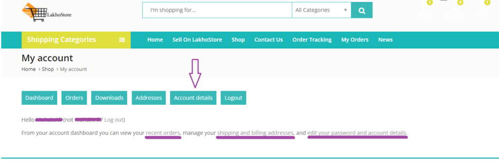 User's My Account Dashboard on LakhoStore